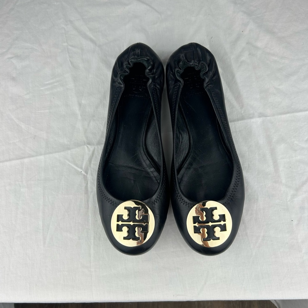 Tory Burch Black Leather Flats with Gold Emblem